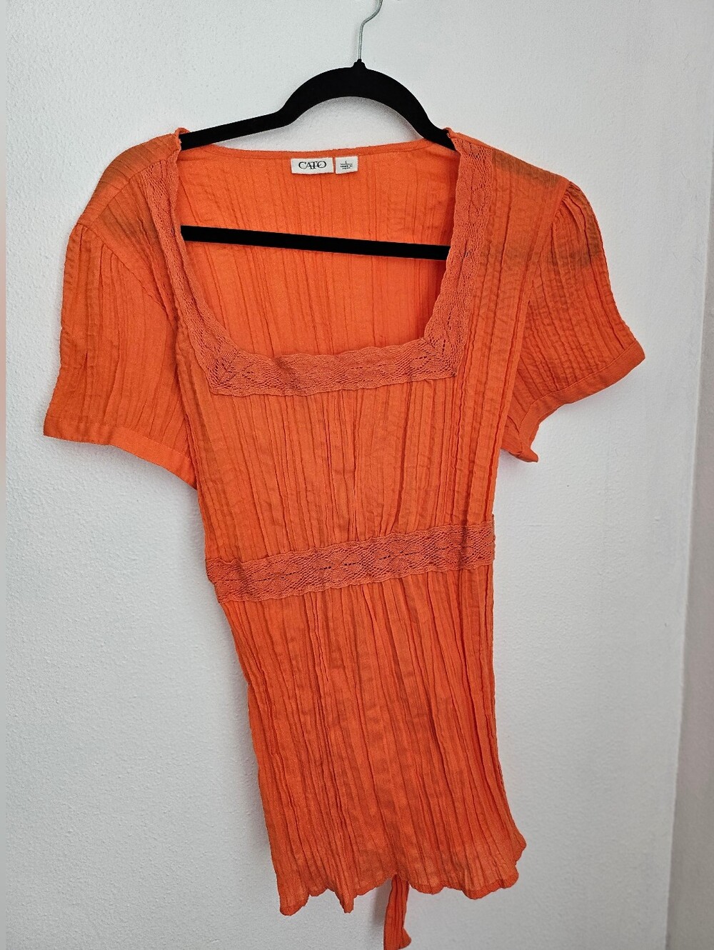 Cato Orange Ribbed Square-Neck Knit Top with Lace Trim
